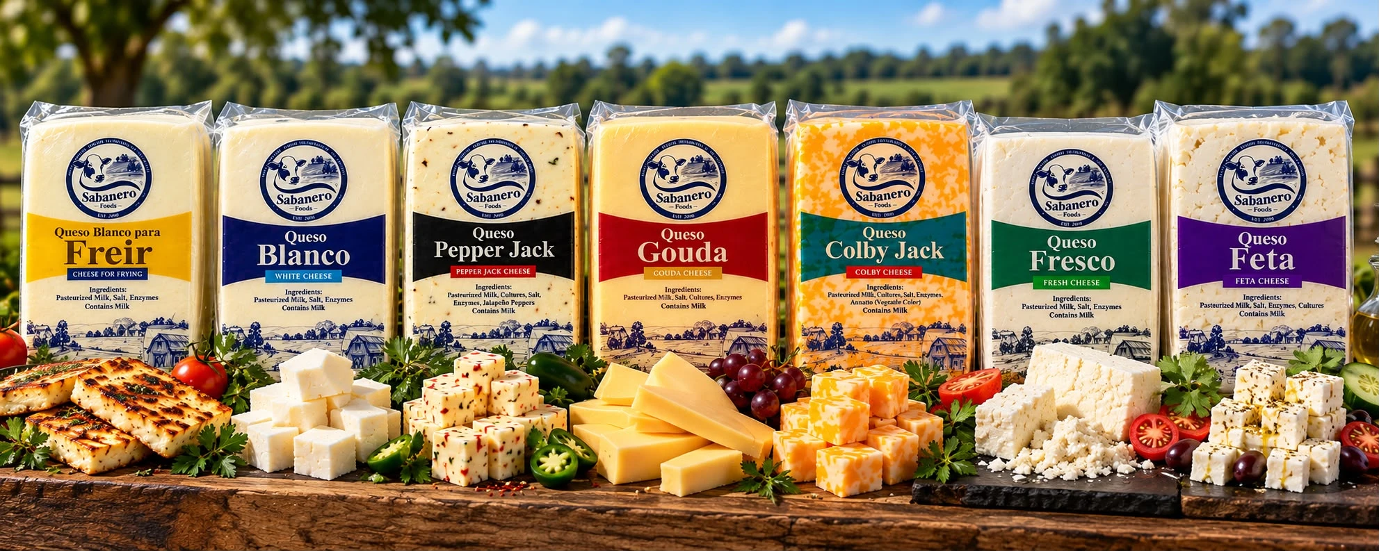 Seven Sabanero cheese varieties displayed with fresh cheeses and ingredients